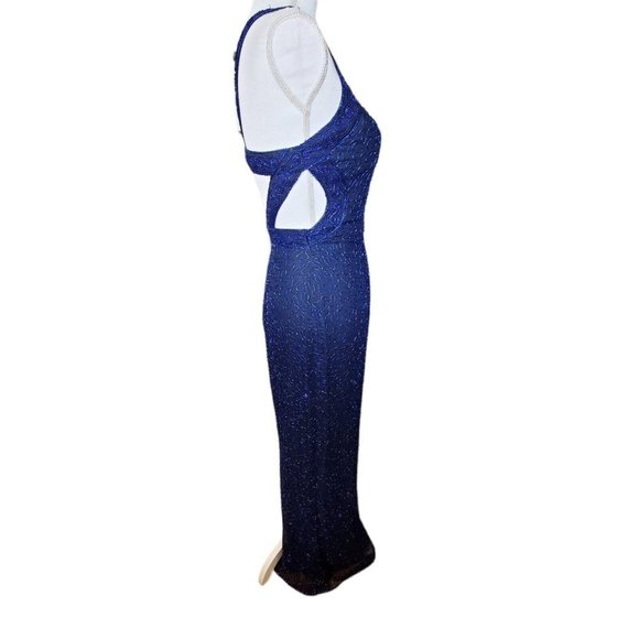Vintage 90s Scala Navy Blue Beaded Silk Long Gown Cutouts Sz 2 4 - Picture 6 of 15